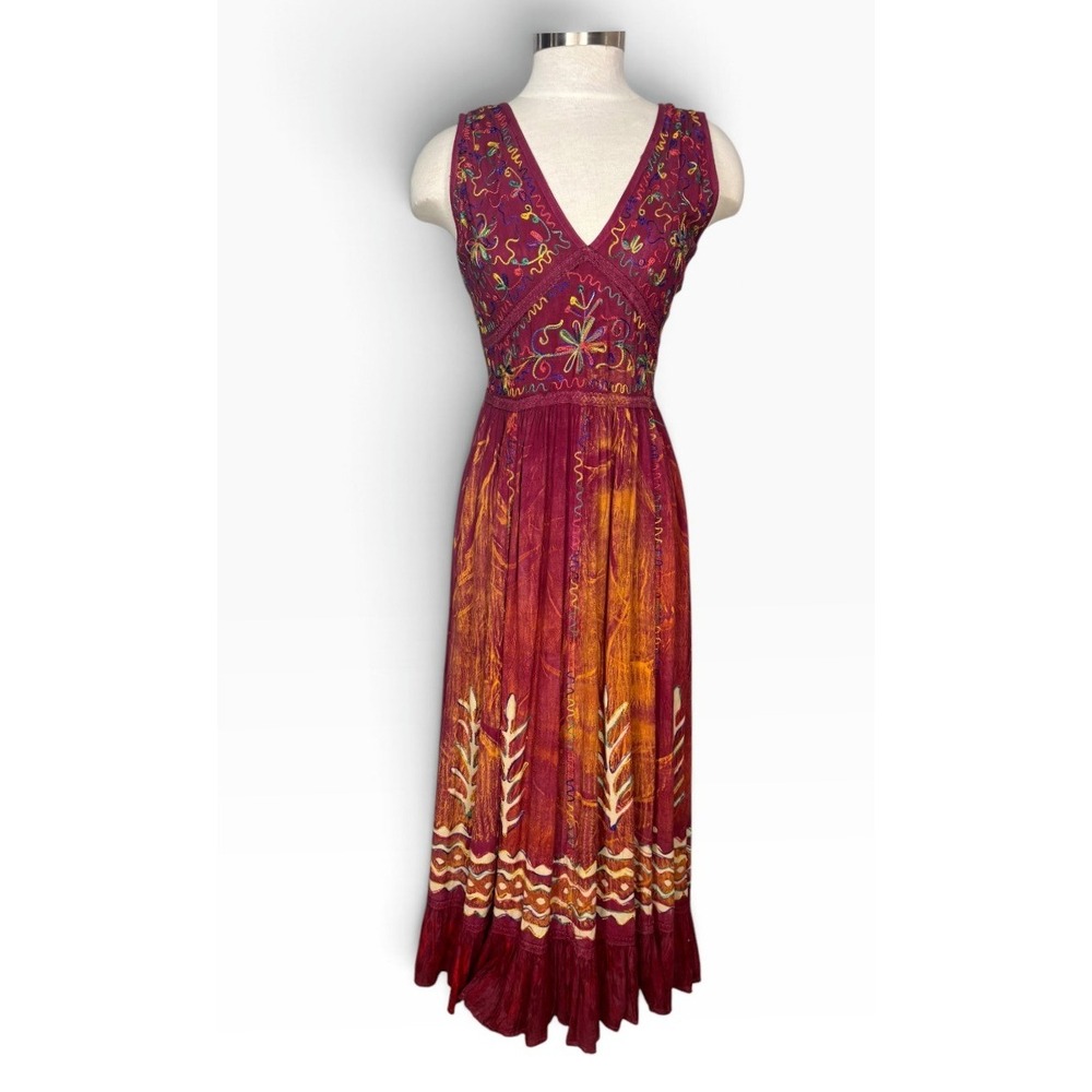Shoreline Embroidered Boho Maxi Dress Burgundy Floral V Neck Festival Peasant